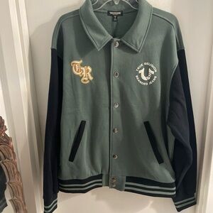 NWT True Religion Varsity Jacket Large Collared Patch Fleece Green Black $159